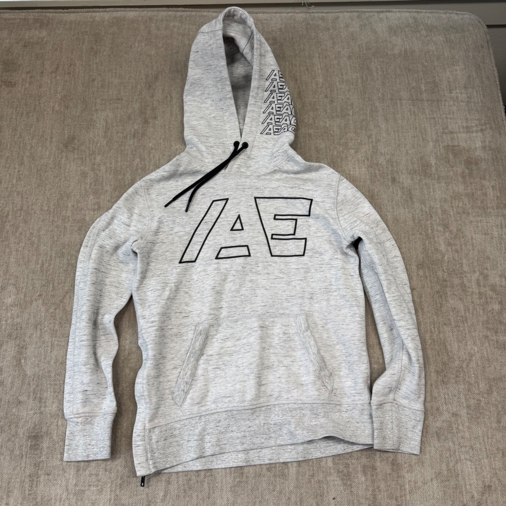 American Eagle Outfitters AE Logo Hoodie Gray Heathered Fleece Size XS‎
